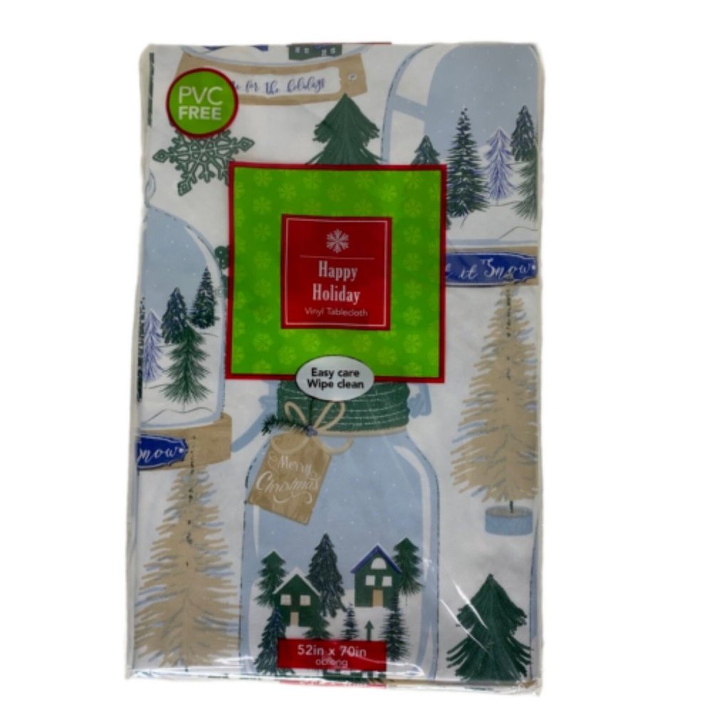 Happy Holiday Rustic Pine Trees Mason Jars Christmas Vinyl Tablecloth 52inx70in